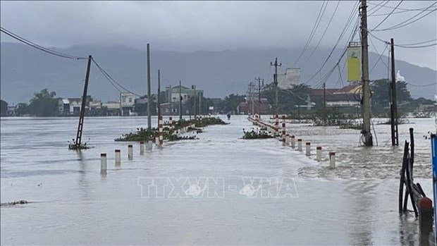Prolonged heavy rain has flooded the DT640 road connecting Tuy Phuoc and Phu Cat districts in central province of Binh Dinh, disrupting the traffic.  (Photo: VNA)