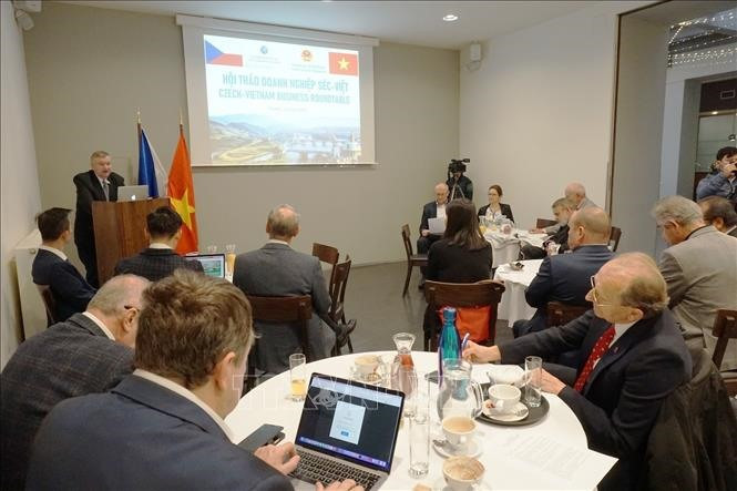 Business executives share their viewpoints at the Vietnam – Czech Republic business roundtable. Photo: VNA