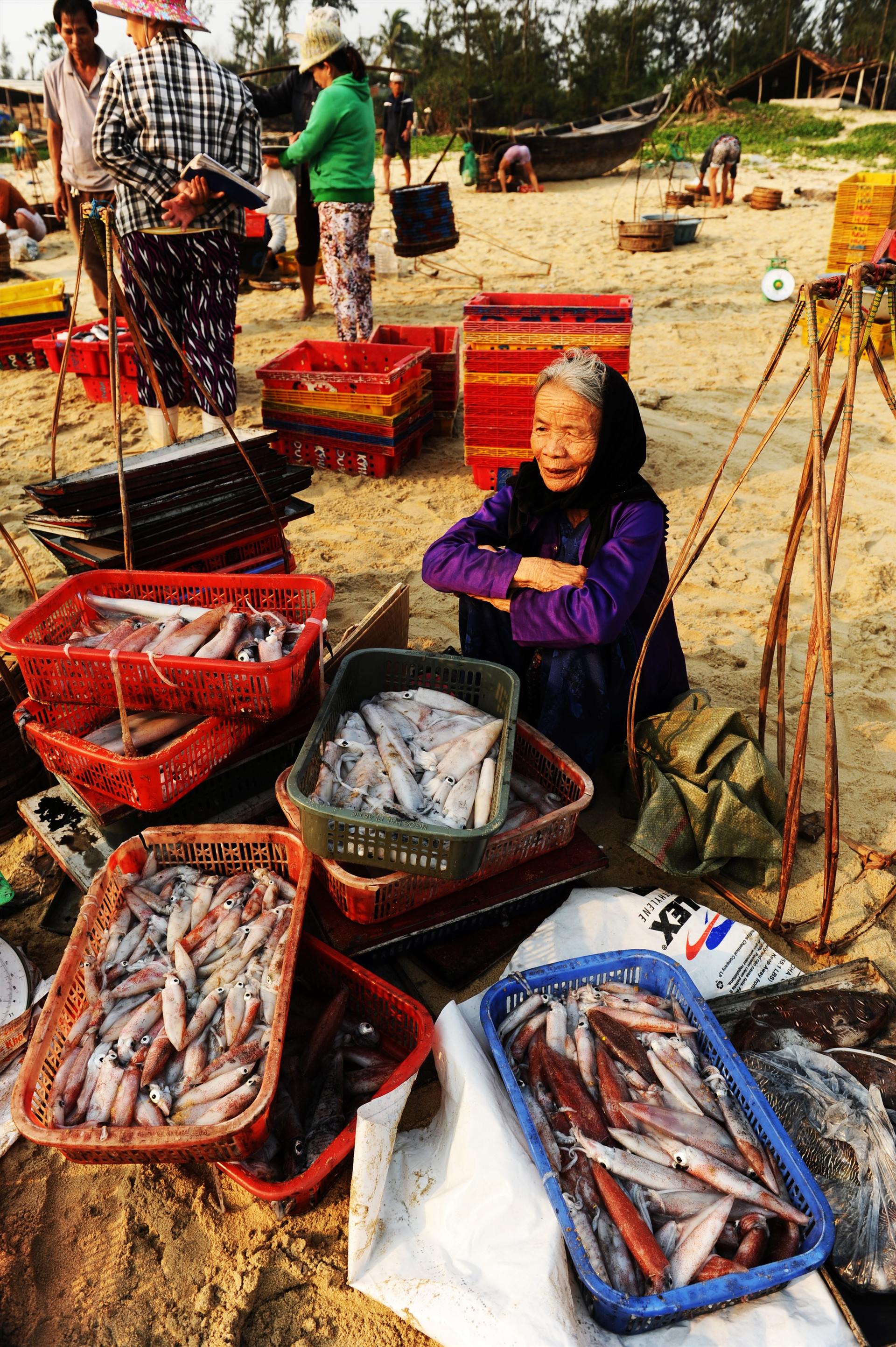 Cụ già mua cá mực tươi bán ngay tại bãi biển. Ảnh: MINH QUÂN