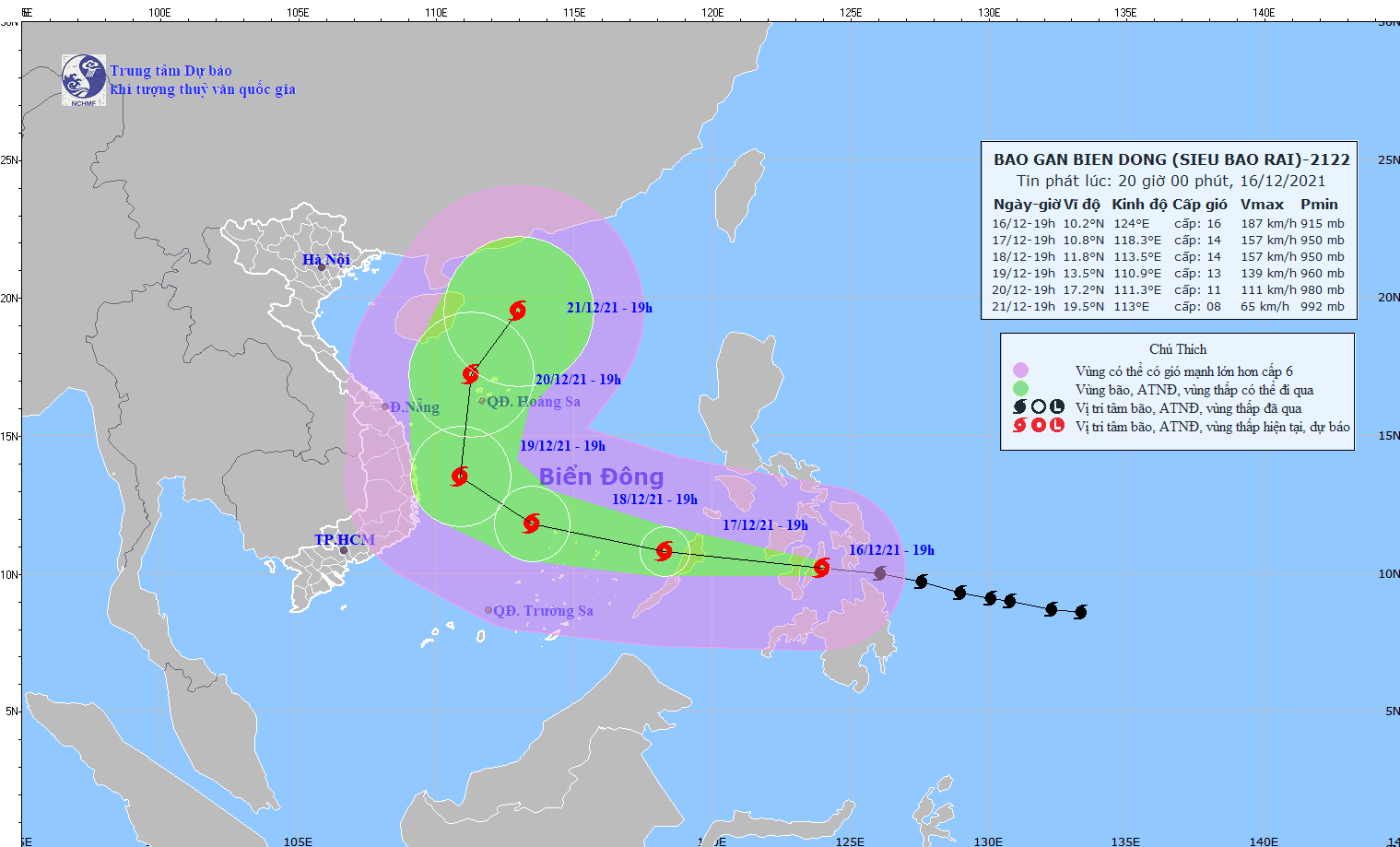 Dự báo về vị trí và hướng đi của siêu bão Rai. Ảnh: nchmf.gov.vn