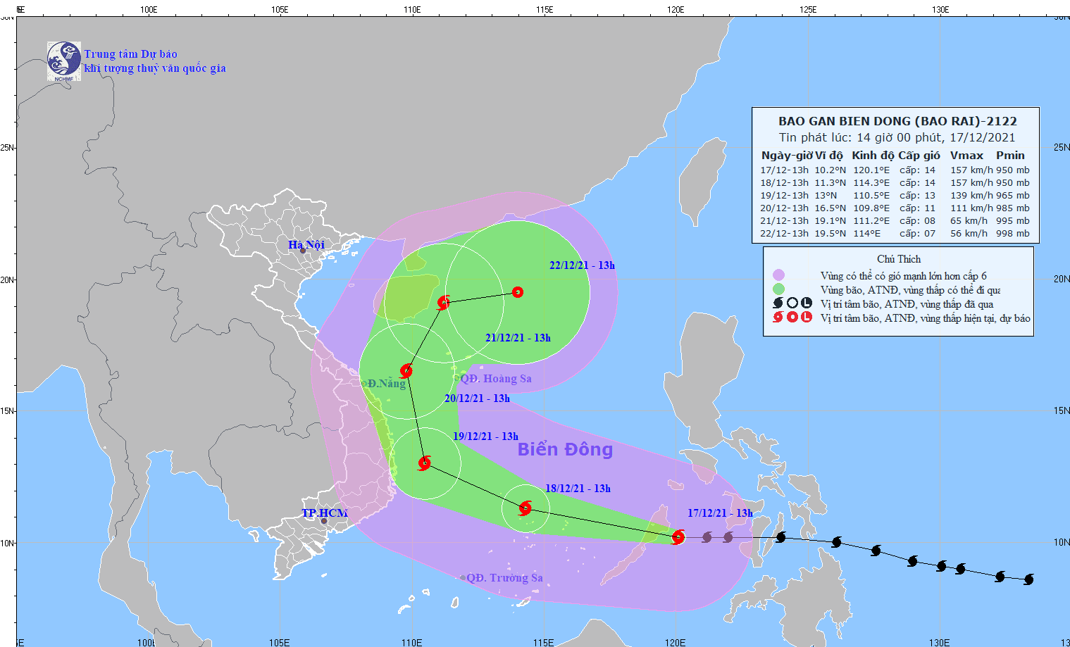 Vị trí và hướng đi của bão Rai. Ảnh: Đài KTTV Quảng Nam