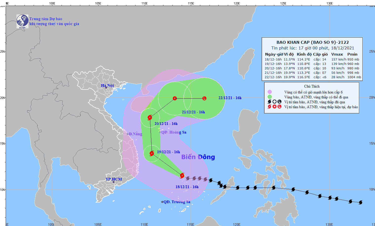 Vị trí và hướng đi của bão số 9 (bão Rai). Ảnh: nchmf.gov.vn