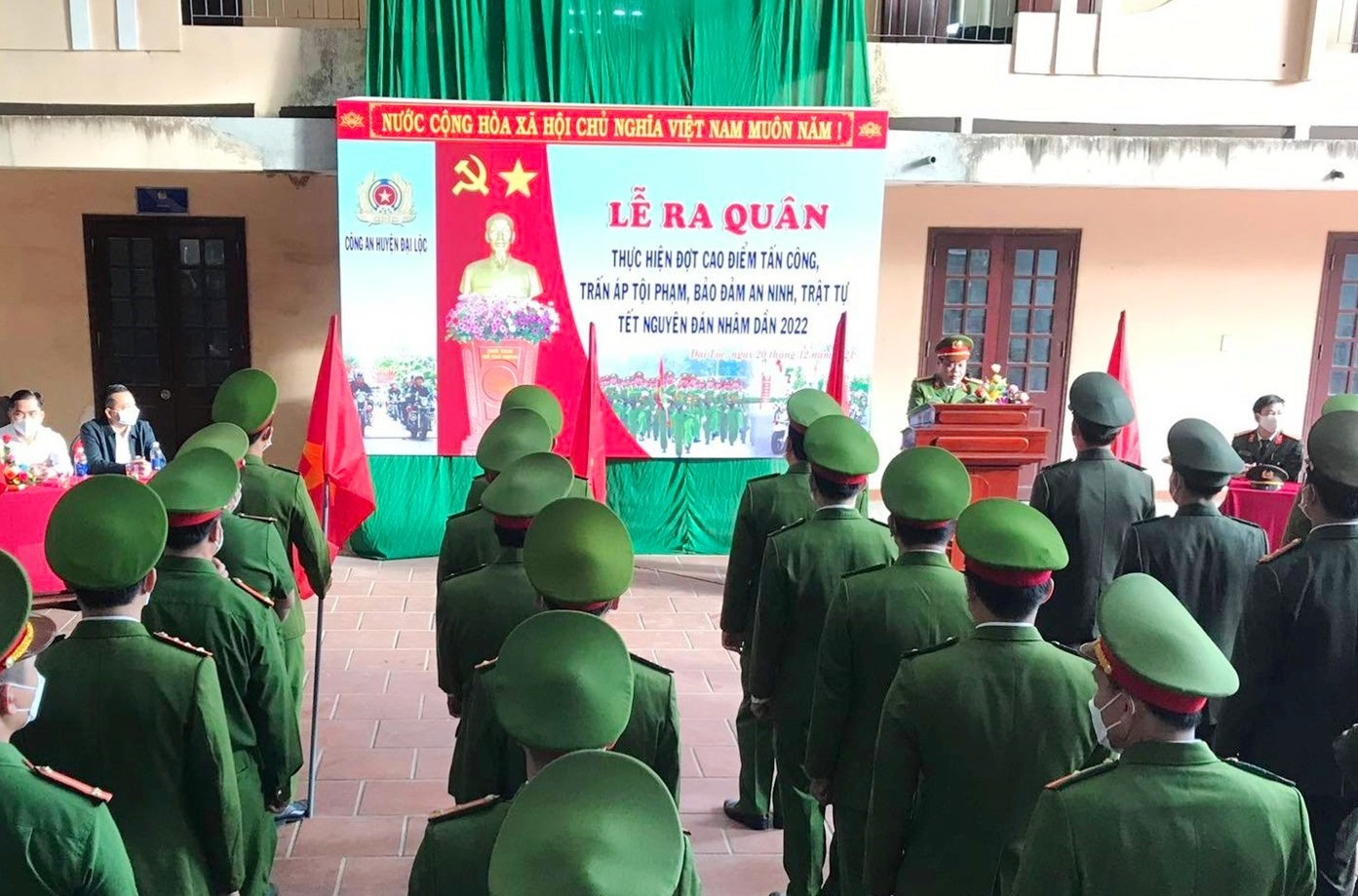 Công an huyện Đại Lộc làm lễ ra quân đợt cao điểm tấn công trấn áp tội phạm nhằm đảm bảo an ninh trật tự Tết Nguyên đán Nhâm Dần 2022.