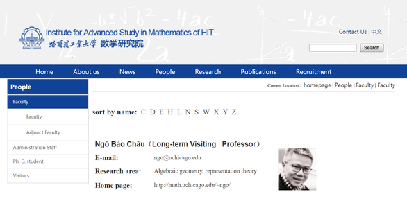Hình ảnh giáo sư Ngô Bảo Châu trên website của Viện Toán thuộc Học viện Cáp Nhĩ Tân, Trung Quốc - Ảnh: T.ĐIỂU chụp màn hình