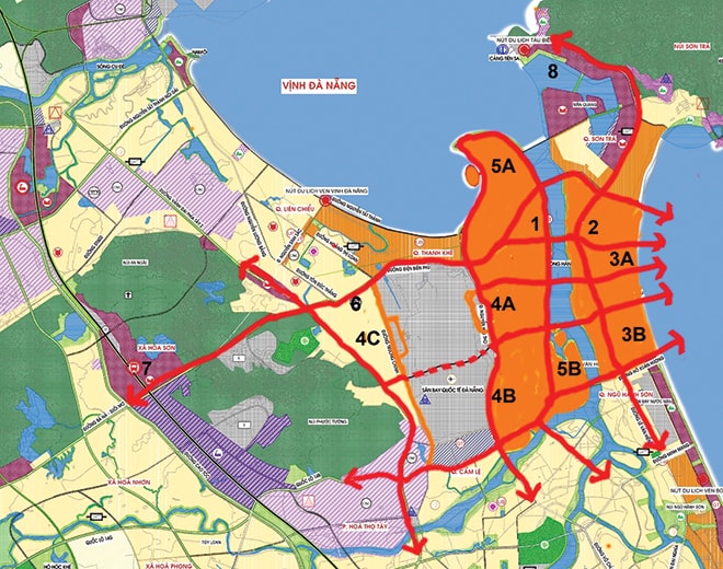 Tầm nhìn dài hạn cho khu trung tâm thành phố Đà Nẵng: (1) Khu trung tâm hành chính (Civic Center); (2) Khu trung tâm dịch vụ thương mại CBD; (3A-B ) Khu trung tâm ven biển; (4A) Khu trung tâm đô thị Sân bay Đà Nẵng; (5A) Khu trung tâm vịnh Đà Nẵng; (5B) Khu trung tâm Nam sông Hàn (Nguồn: Ngô Viết Na