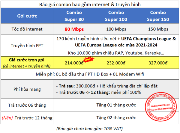 Bảng giá combo Internet & Truyền hình FPT cho khách hàng tại Quảng Nam