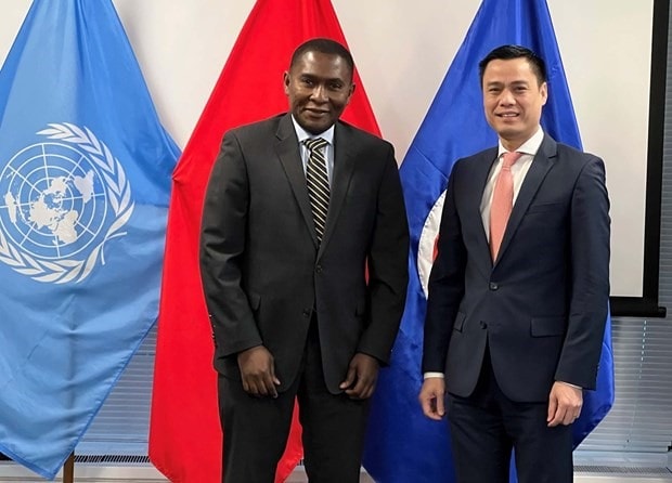 Assistant Secretary-General for Climate Action at United Nations (UN) Selwin Chalres Hart (left) meets head of the Permanent Delegation of Vietnam to the UN Dang Hoang Giang on March 17. (Photo:baoquocte.vn)