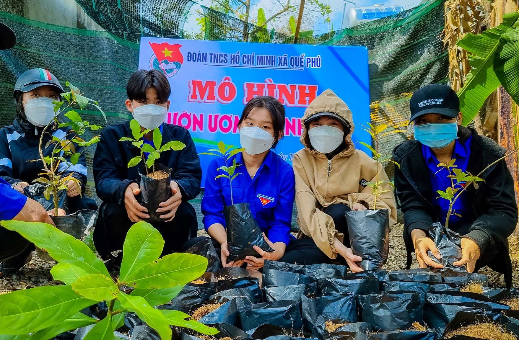 Đoàn viên thanh niên xã Quế Phú tự tay ươm các loại cây cảnh để trồng tại khu dân cư nông thôn mới kiểu mẫu. Ảnh: CTV