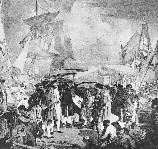 Đoàn thương thuyền Pháp gặp đại diện của chúa Nguyễn năm 1749. Một cuộc tiếp xúc tương tự của phái bộ Anh năm 1804 thất bại, theo J.Barrow, là có lỗi dịch thuật. Ảnh: Internet