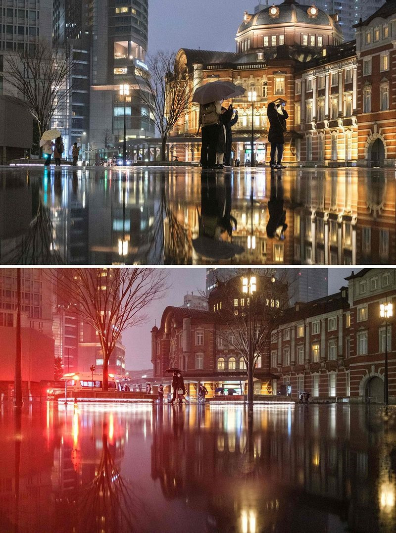 Ga Tokyo, Nhật Bản trước và sau khi khi tắt đèn. Ảnh: AFP