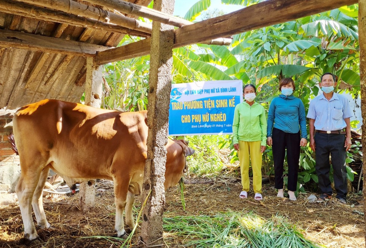 Hội LHPN xã Bình Lãnh trao bò giống cho gia đình bà Trần Thị Ninh (ngoài cùng bên trái). Ảnh: MT