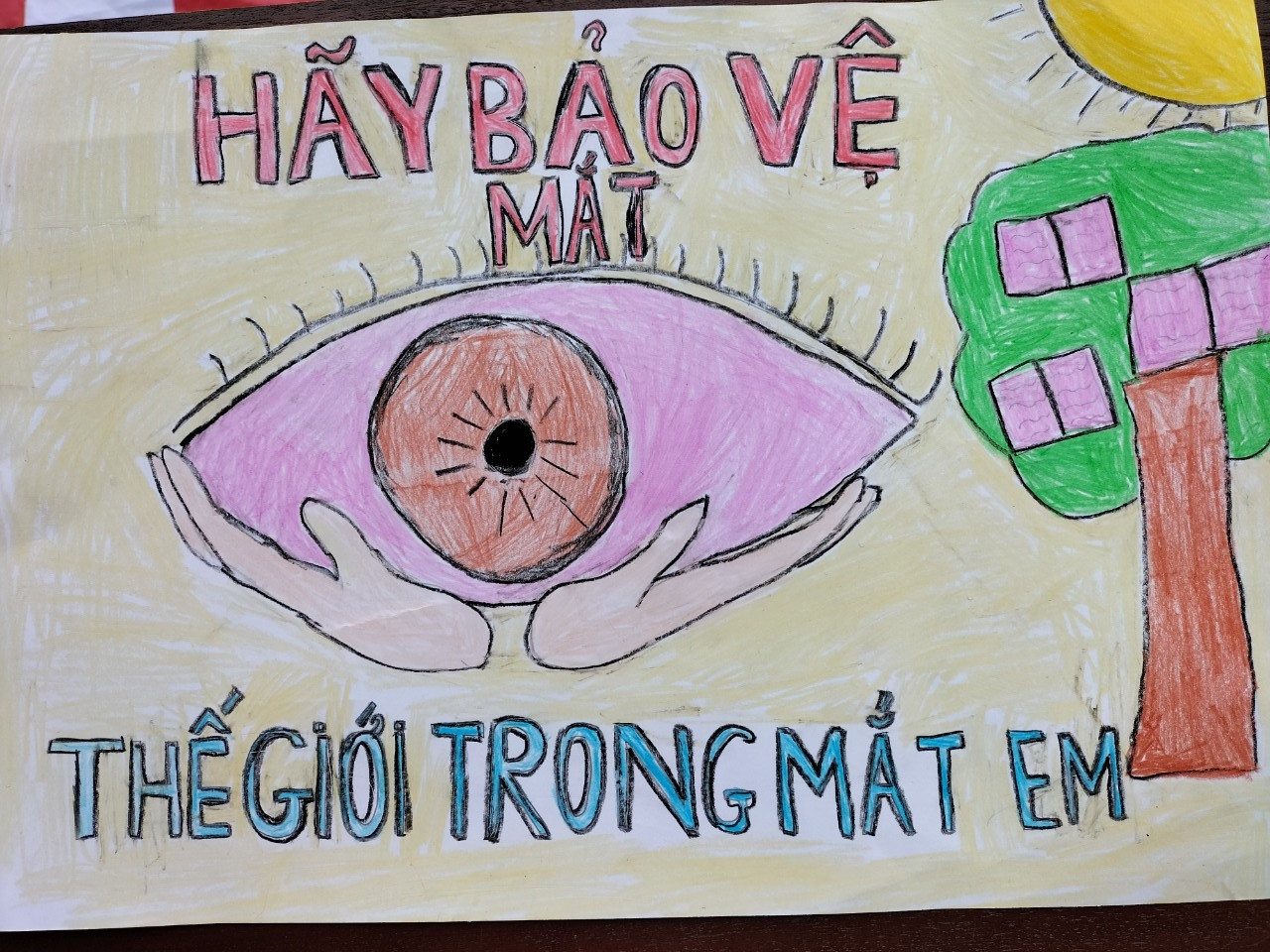 Tranh về hoạt động bảo vệ mắt được học sinh trường THCS Hoàng Diệu vẽ. Ảnh: T.V