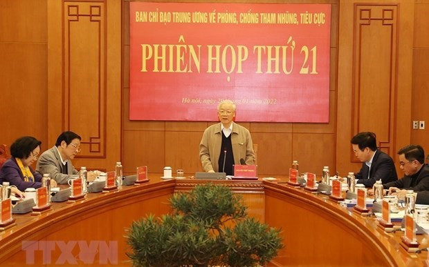 Tổng Bí thư Nguyễn Phú Trọng, Trưởng Ban Chỉ đạo Trung ương về phòng, chống tham nhũng, tiêu cực kết luận phiên họp thứ 21 của Ban Chỉ đạo. Ảnh: TTXVN