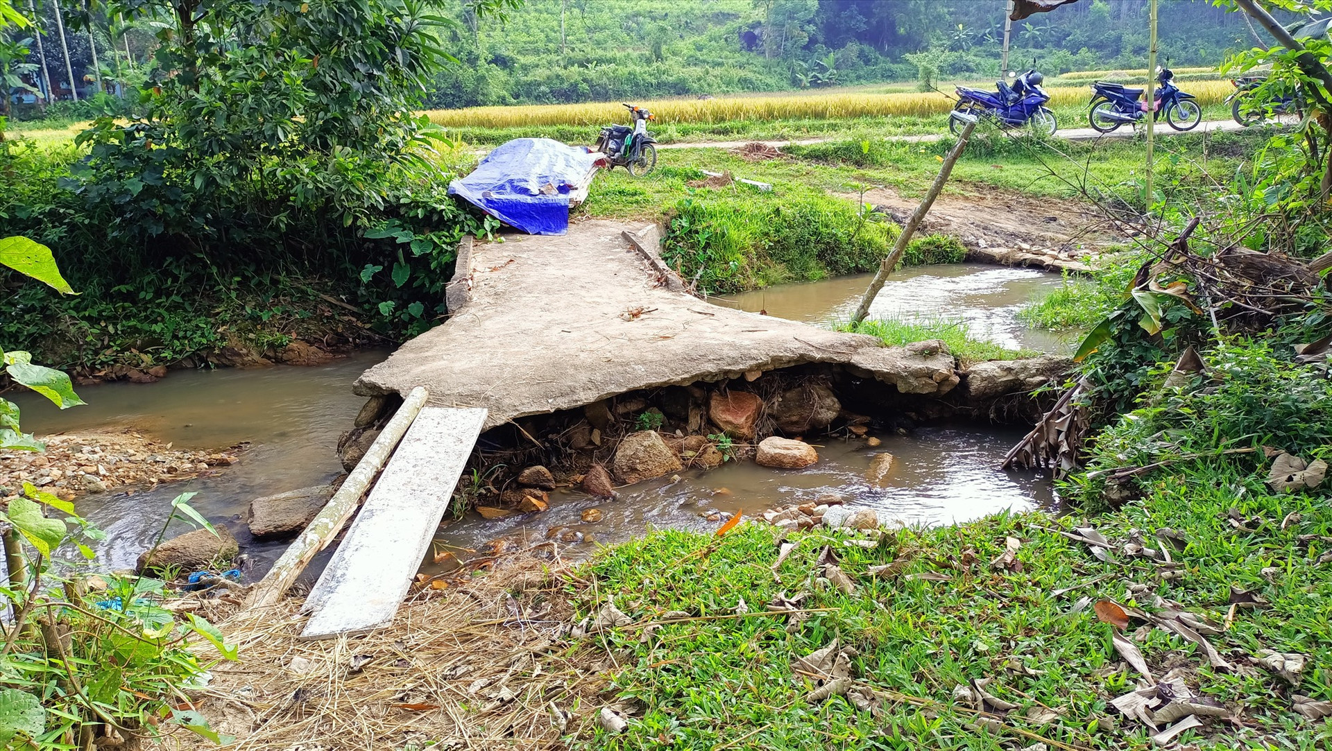Cây cầu dân sinh được người dân tự đóng góp xây dựng  bị mưa lụt làm hư hỏng hoàn toàn. Ảnh: N.Q