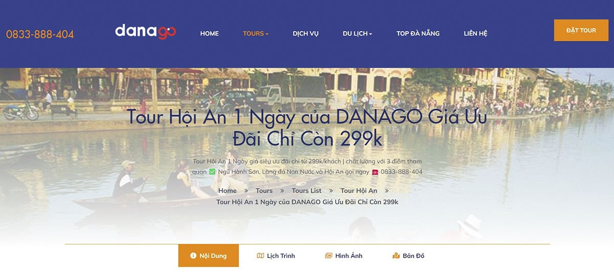 Website tour Hội An 1 ngày của DANAGO. Ảnh: DANAGO