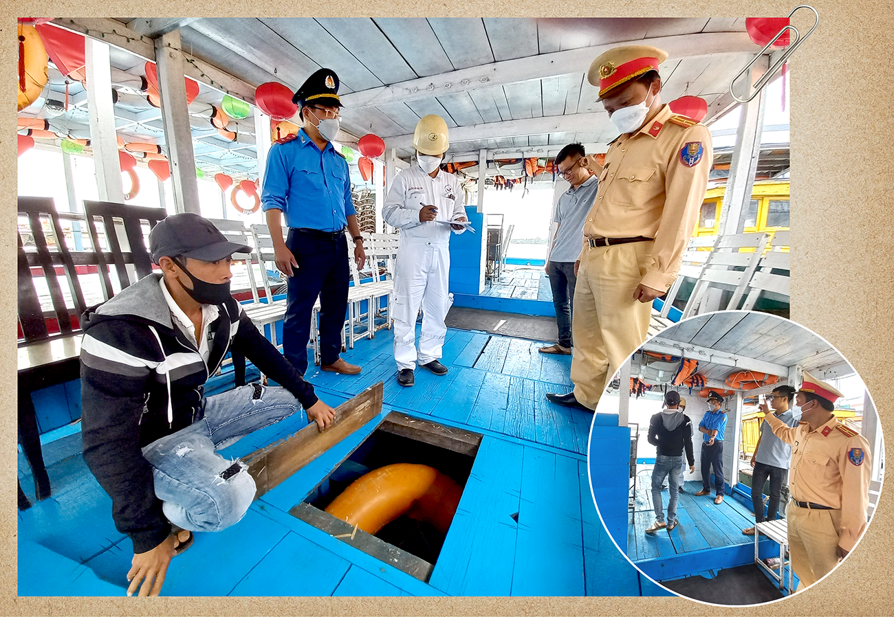 Lực lượng chức năng kiểm tra phương tiện hoạt động đường thủy tham gia chở khách tham quan.