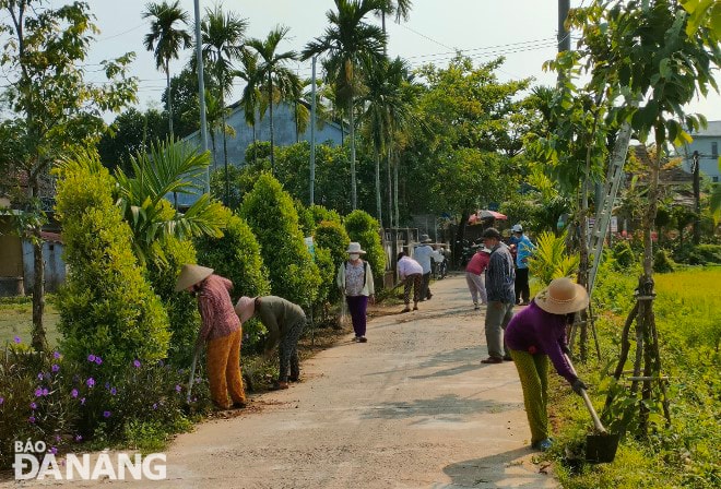 Các cựu chiến binh và nhân dân xã Hòa Nhơn, huyện Hòa Vang làm sạch, đẹp các tuyến đường liên thôn.