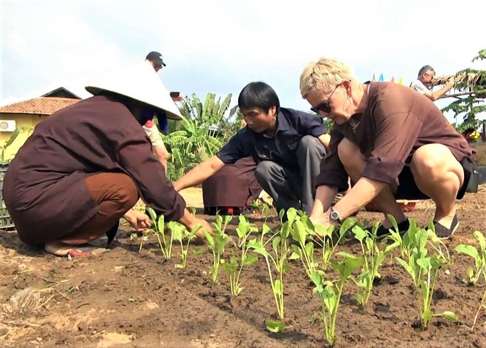 Du khách tham gia trải nghiệm trồng rau tại làng rau Trà Quế - Hội An. Ảnh: PHAN SƠN