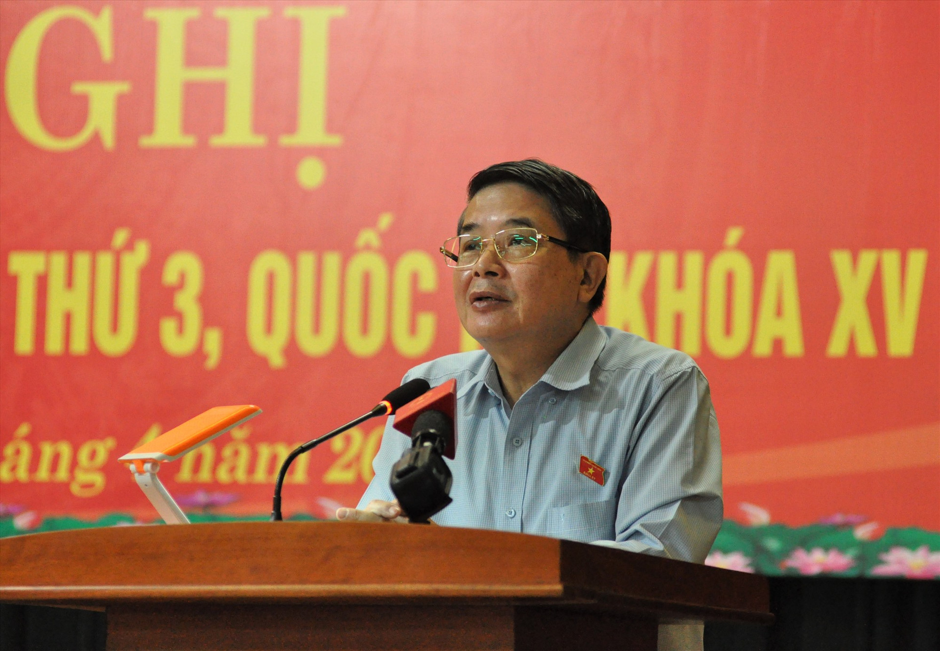 Phó Chủ tịch Quốc hội Nguyễn Đức Hải  phát biểu với cử tri huyện Núi Thành. Ảnh: X.P