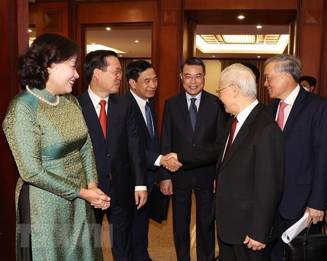 Tổng Bí thư Nguyễn Phú Trọng và các lãnh đạo Đảng, Nhà nước cùng các đại biểu dự phiên khai mạc hội nghị. (Ảnh: Trí Dũng/TTXVN)