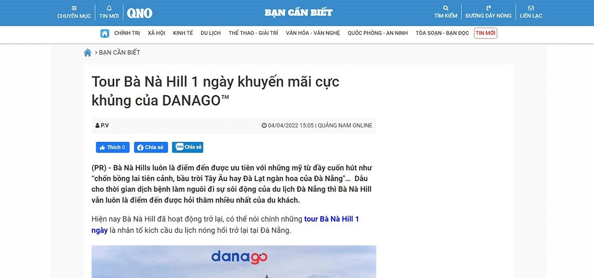 Báo Quảng Nam bình luận tour Bà Nà Hill 1 ngày của DANAGO. Ảnh: DANAGO
