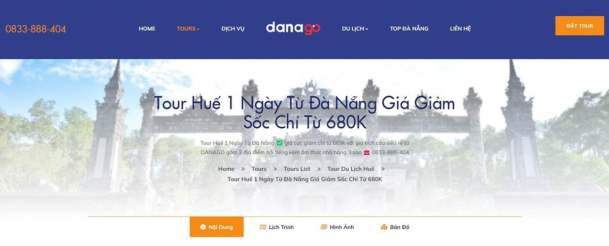 Website tour Huế 1 ngày của DANAGO. Ảnh: DANAGO