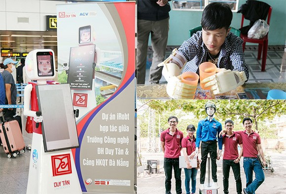 DTU hợp tác với các doanh nghiệp sáng tạo 3 sản phẩm: Robot hướng dẫn du lịch tại sân bay quốc tế Đà Nẵng; Cánh tay Robot cho học sinh khuyết tật tại Đại Lộc -Quảng Nam; Robot thông minh hướng dẫn giao thông tại TP Đà Nẵng . Ảnh: NTB