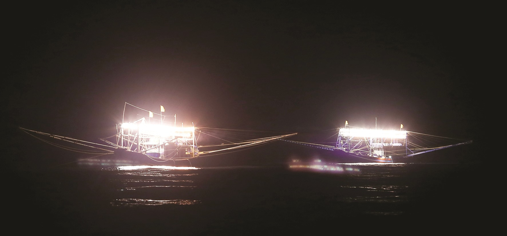 Tàu lưới mành chiếu đèn sáng cả một vùng biển dụ cá, mực đến khai thác.