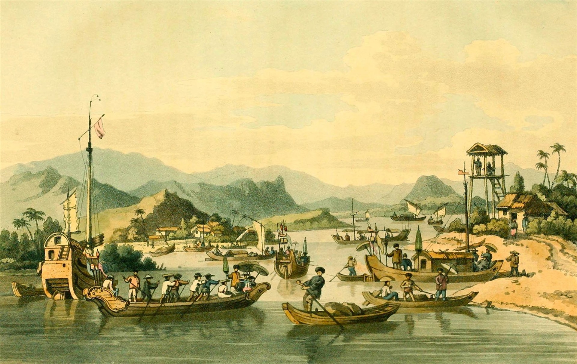 Thuyền của người Đàng Trong trên sông Faifo (Cochin chinese Shipping on the River Faifo) - Hình minh họa trong sách Một chuyến du hành đến xứ Đàng Trong vào năm 1792 và 1793 của tác giả Sir John Barrow.