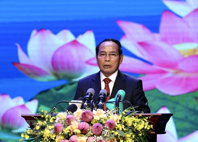 Thường trực Ban Bí thư, Phó Chủ tịch nước Lào Bounthong Chitmany đọc diễn văn tại lễ kỷ niệm. (Ảnh: Lâm Khánh/TTXVN)