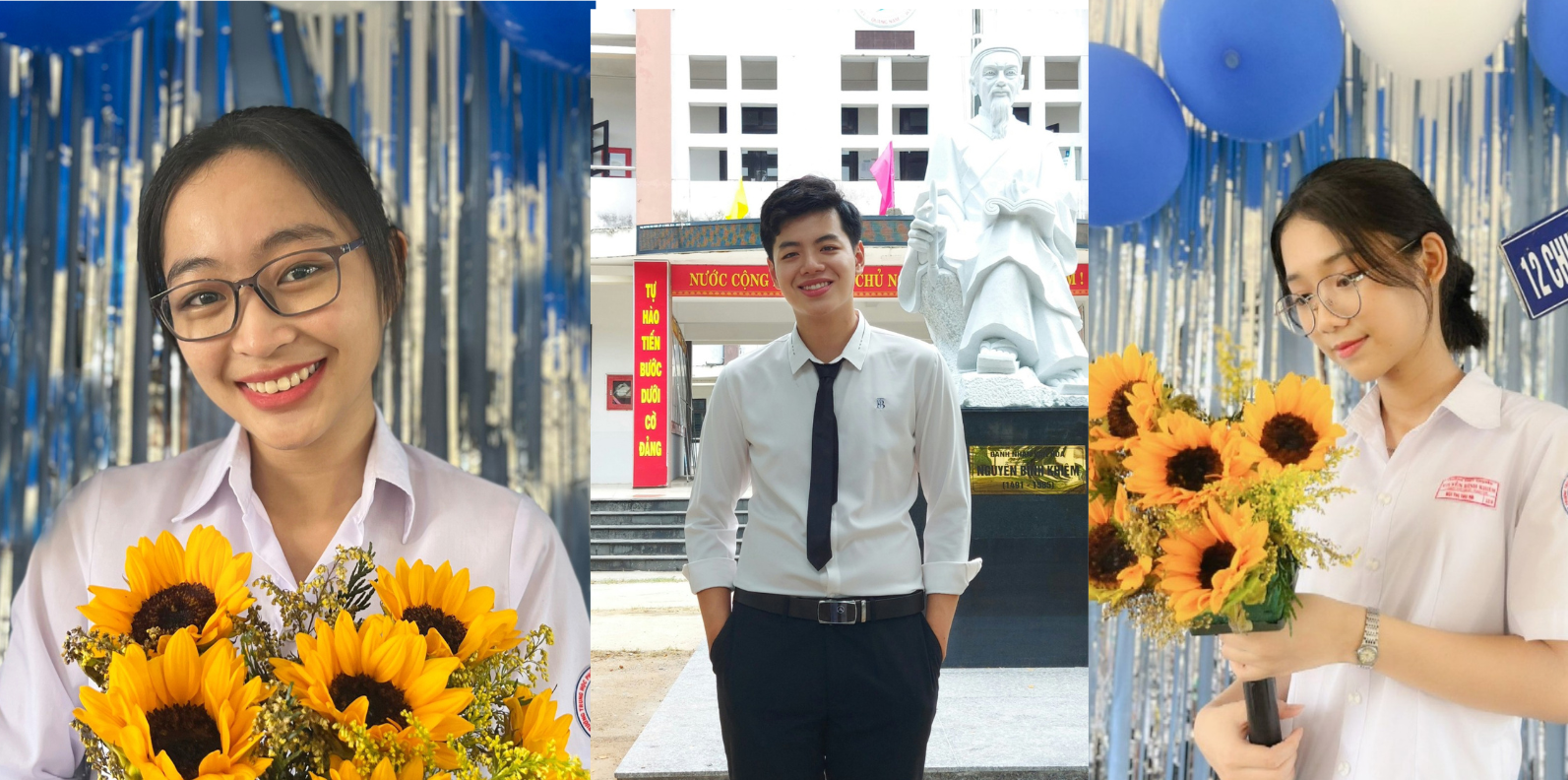 3 học sinh lớp chuyên Sử - Địa, Trường THPT chuyên Nguyễn Bỉnh Khiêm đạt điểm 10 môn Lịch sử. Từ trái sang: Bảo Trân, Gia Huy, Thu Hà. Ảnh: NVCC.