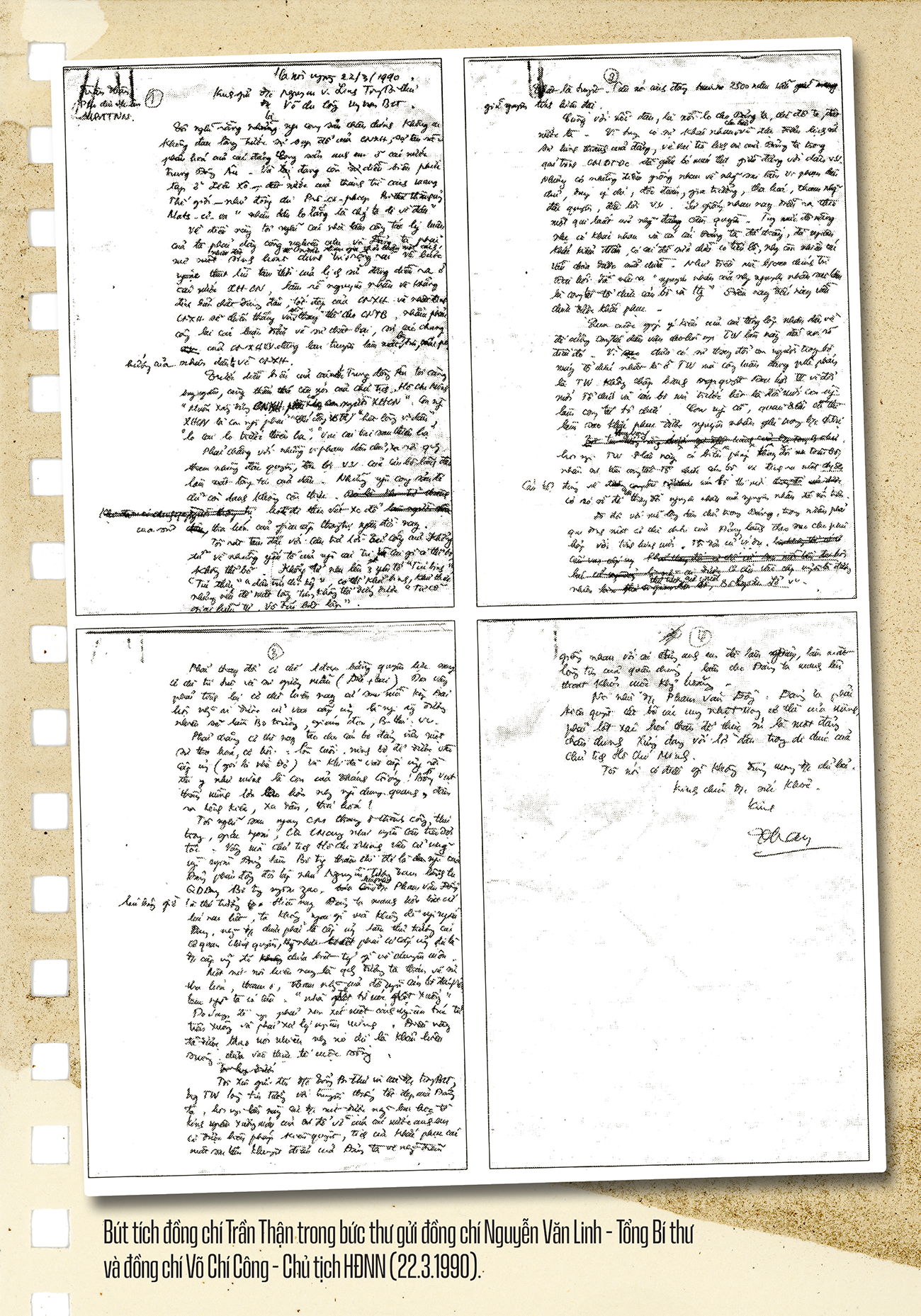 Bút tích đồng chí Trần Thận trong bức thư gửi Tổng Bí thư Nguyễn Văn Linh và Chủ tịch Hội đồng Nhà nước Võ Chí Công, ngày 22.3.1990