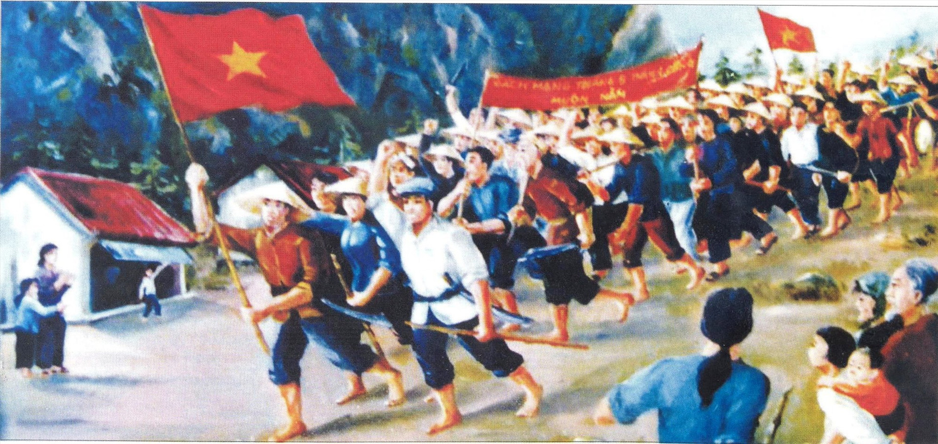 Nhân dân Quảng Nam xuống đường khởi nghĩa giành chính quyền trong Cách mạng Tháng Tám năm 1945. Tranh vẽ, nguồn Quảng Nam - 45 năm vì sự nghiệp giải phóng dân tộc.