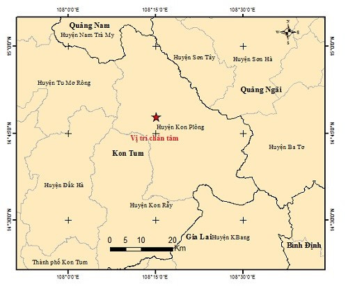 Bản đồ tâm chấn trận động đất xảy ra tại Kon Plông vào chiều 23.8. Ảnh: Viện Vật lý địa cầu