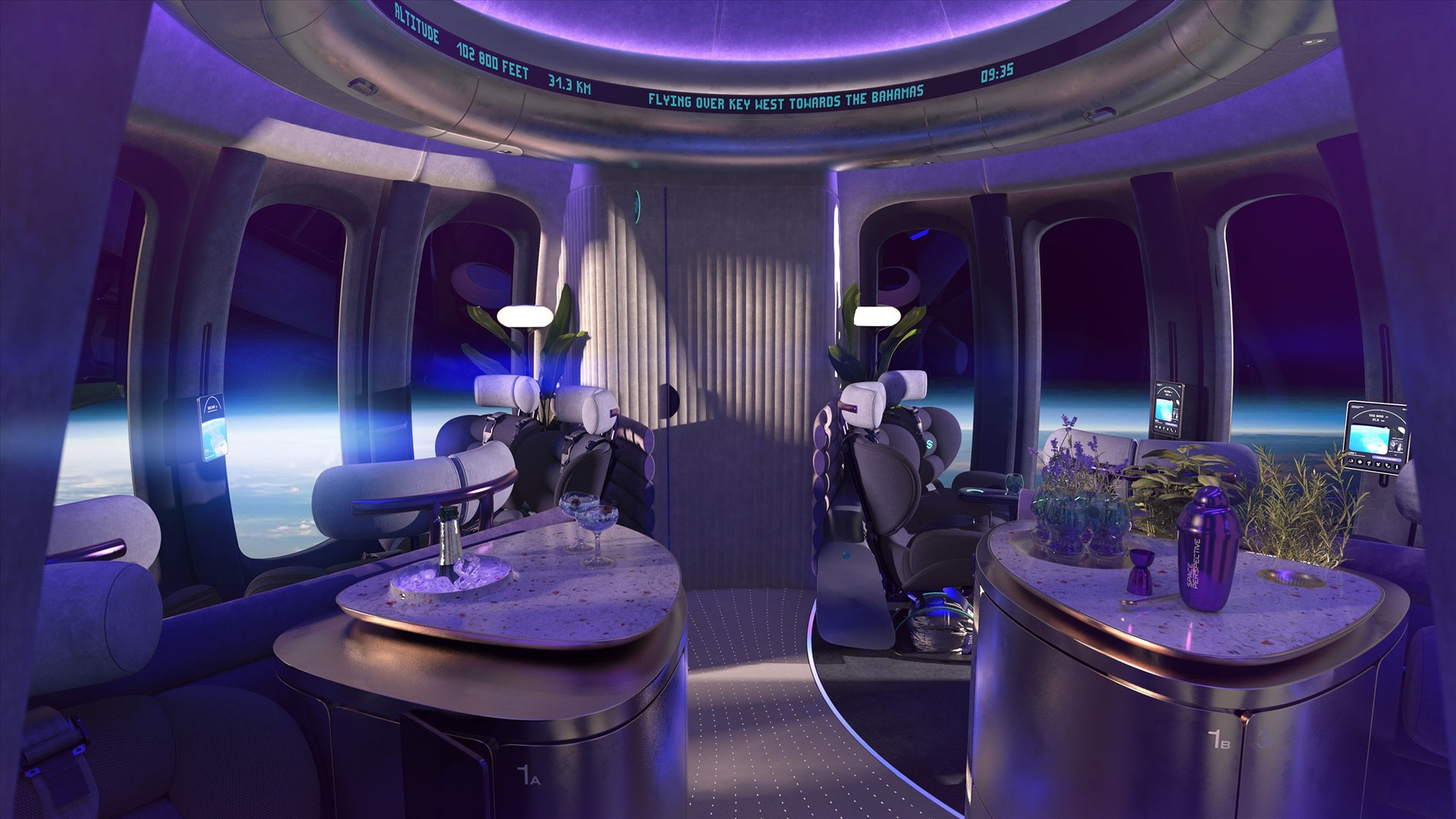 Không gian Space Lounge cũng được thiết kế sang trọng, với ghế ngả sâu, ánh sáng theo tâm trạng hành khách và quầy bar. Ảnh: Space Perspective