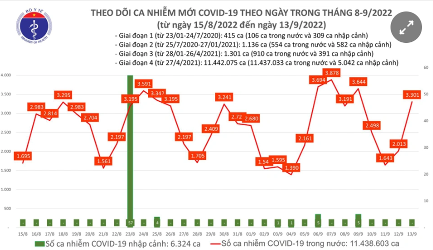 Số ca mắc Covid-19 trong ngày tại Việt Nam. Ảnh: Bộ Y tế