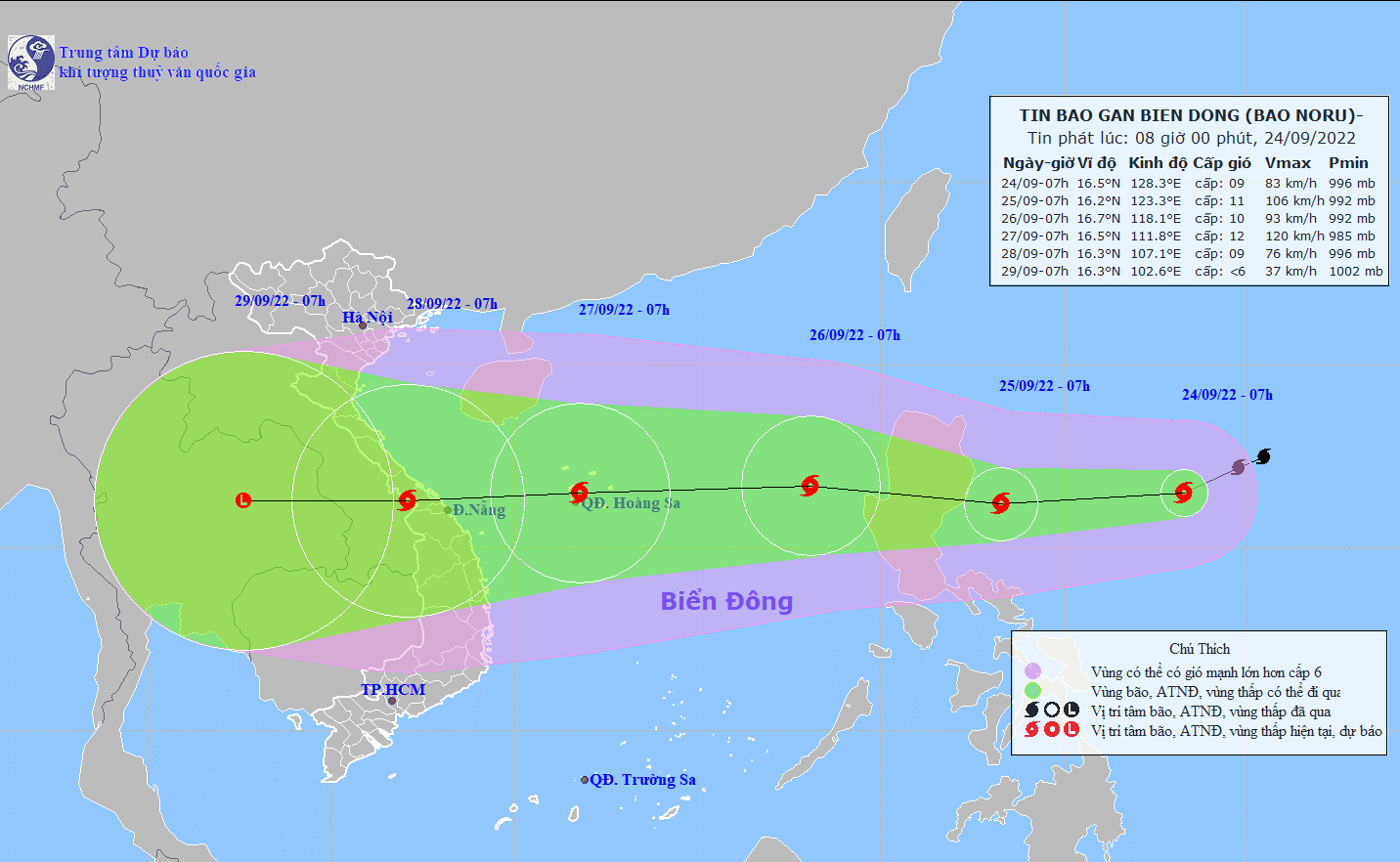 Vị trí bão Noru lúc 7 giờ ngày 24.9. Ảnh: Trung tâm Dự báo KTTV quốc gia
