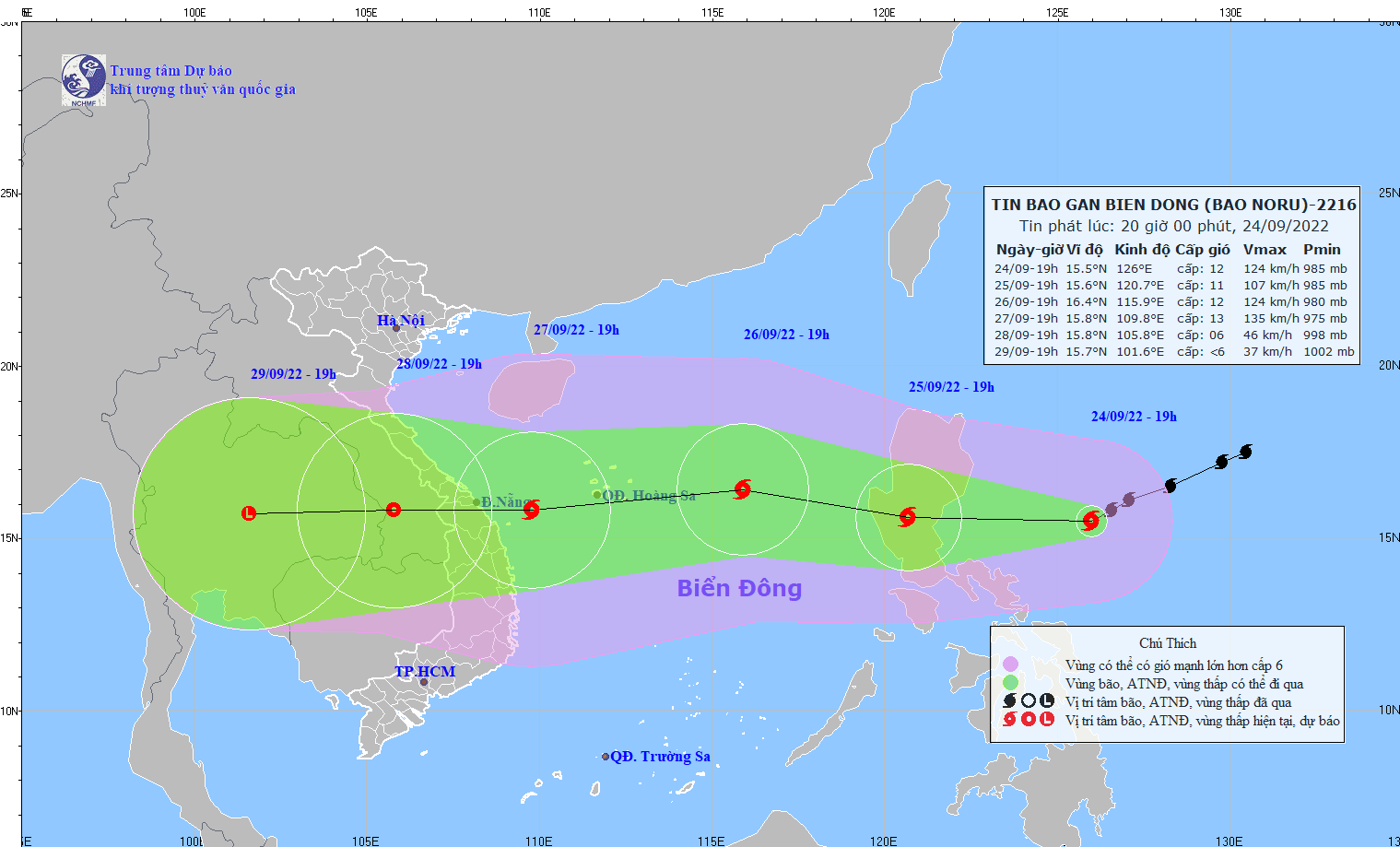 Vị trí bão Noru lúc 19 giờ ngày 24.9. Ảnh: Trung tâm Dự báo KTTV quốc gia