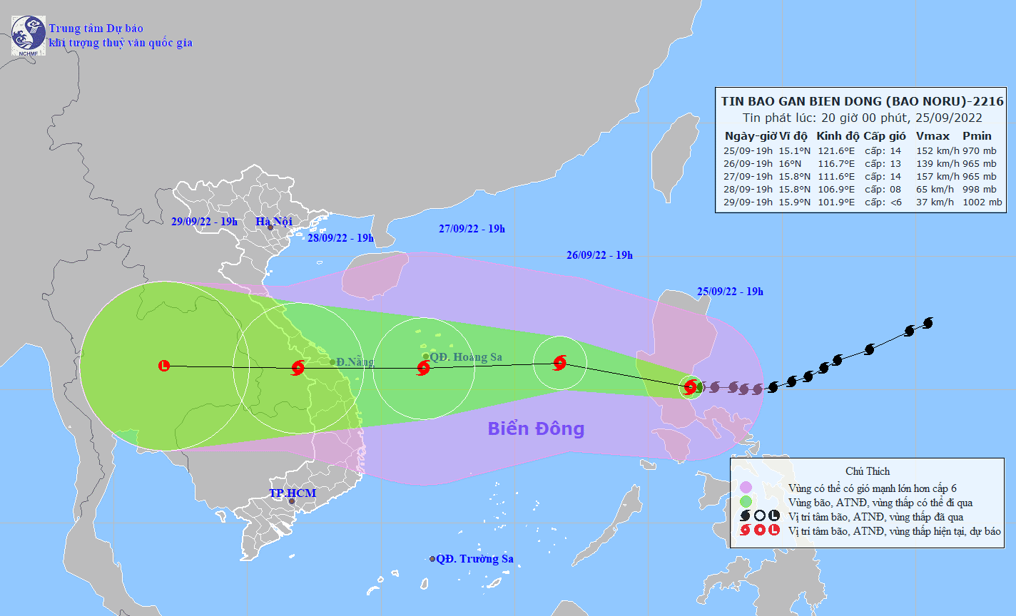 Vị trí bão Noru lúc 19 giờ ngày 25.9. Ảnh: Trung tâm Dự báo KTTV quốc gia