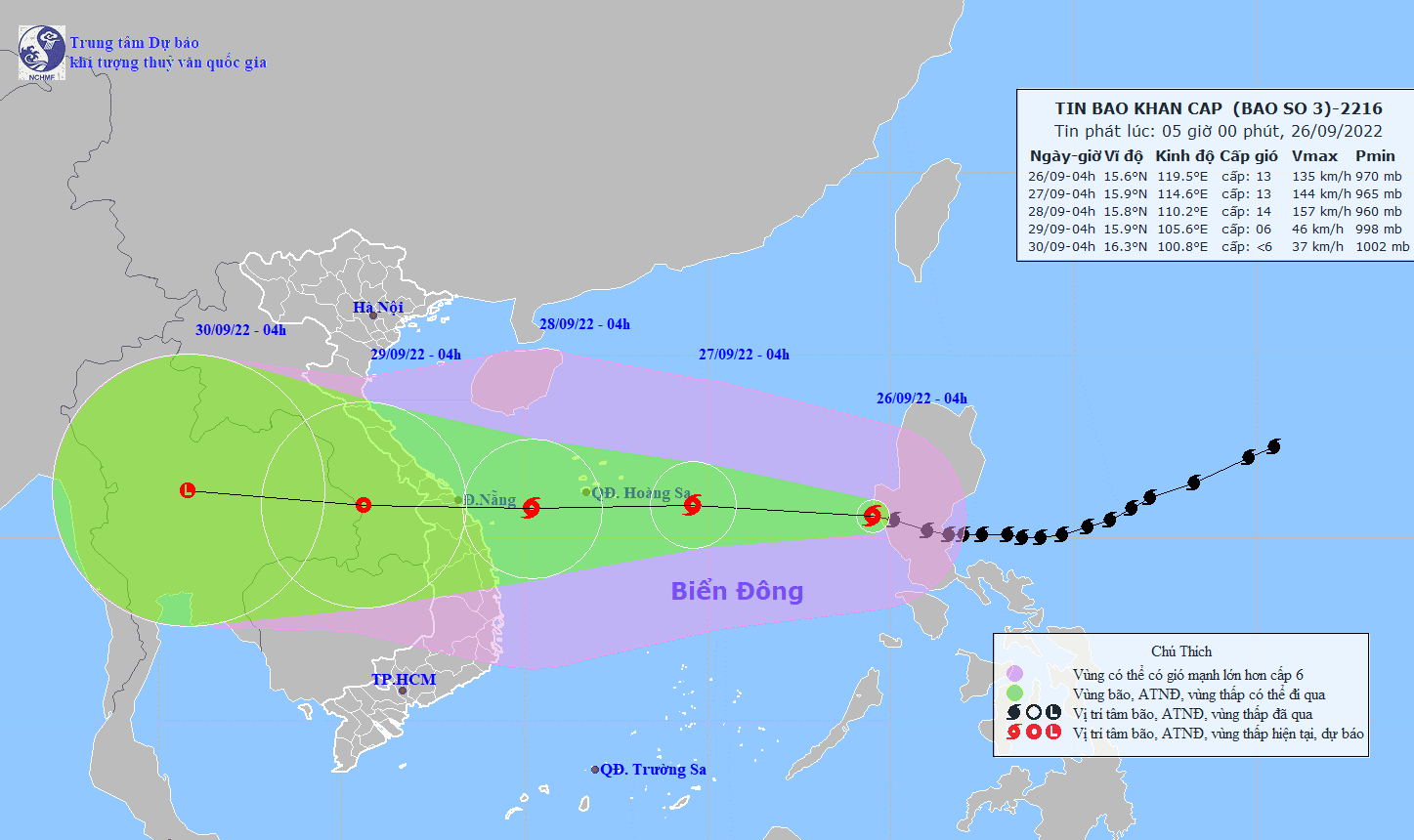 Vị trí bão Noru lúc 4 giờ sáng 26.9. Ảnh: Trung tâm Dự báo KTTV quốc gia