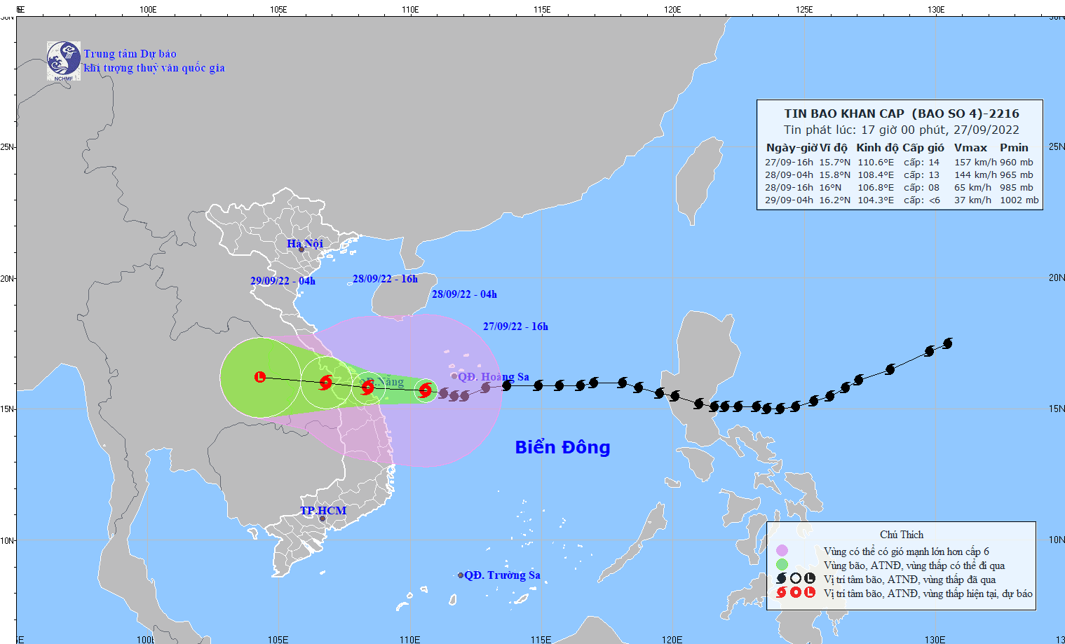 Dự báo hướng di chuyển của bão số 4. Ảnh: Trung tâm Dự báo khí tượng thủy văn quốc gia.