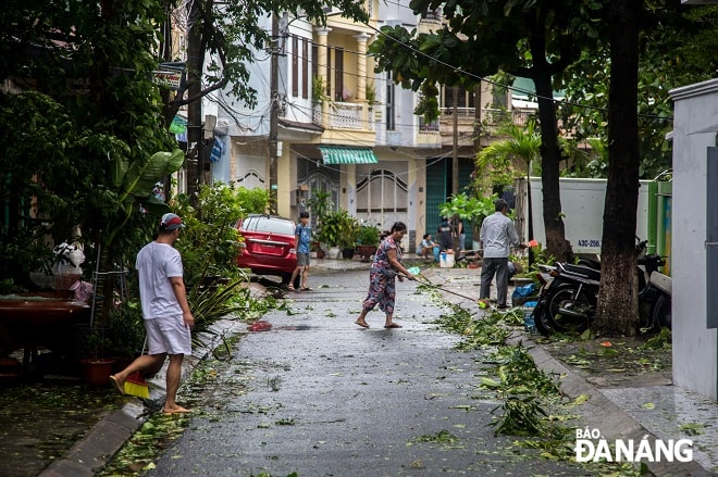 Người dân cùng nhau dọn vệ sinh sau bão.