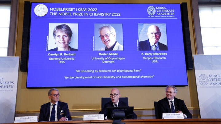 Lễ công bố giải Nobel Hóa học năm 2022. Ảnh: AP