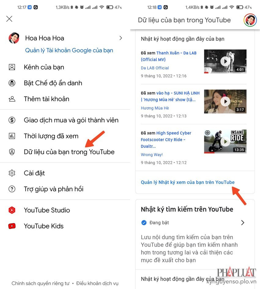 Quản lý nhật ký xem của bạn trên YouTube. Ảnh: MINH HOÀNG