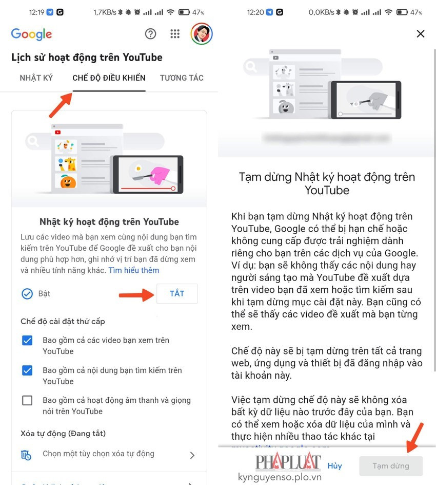 Tắt tính năng theo dõi hoạt động của YouTube. Ảnh: MINH HOÀNG