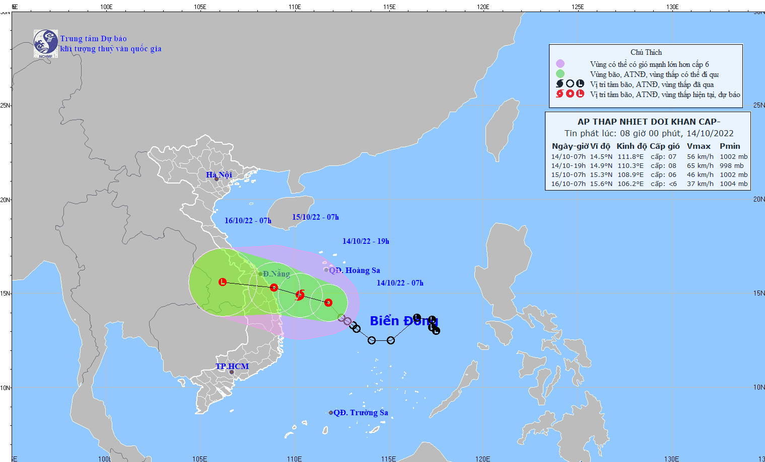 Hướng đi của áp thấp nhiệt đới trên Biển Đông. Ảnh: Trung tâm Dự báo KTTV quốc gia