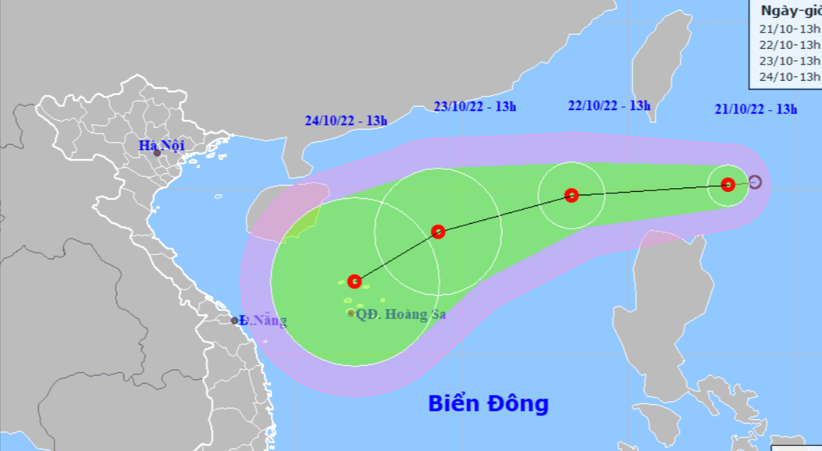 Dự báo đường đi của áp thấp nhiệt đới. Ảnh: Trung tâm Dự báo Khí tượng Thủy văn Quốc gia.
