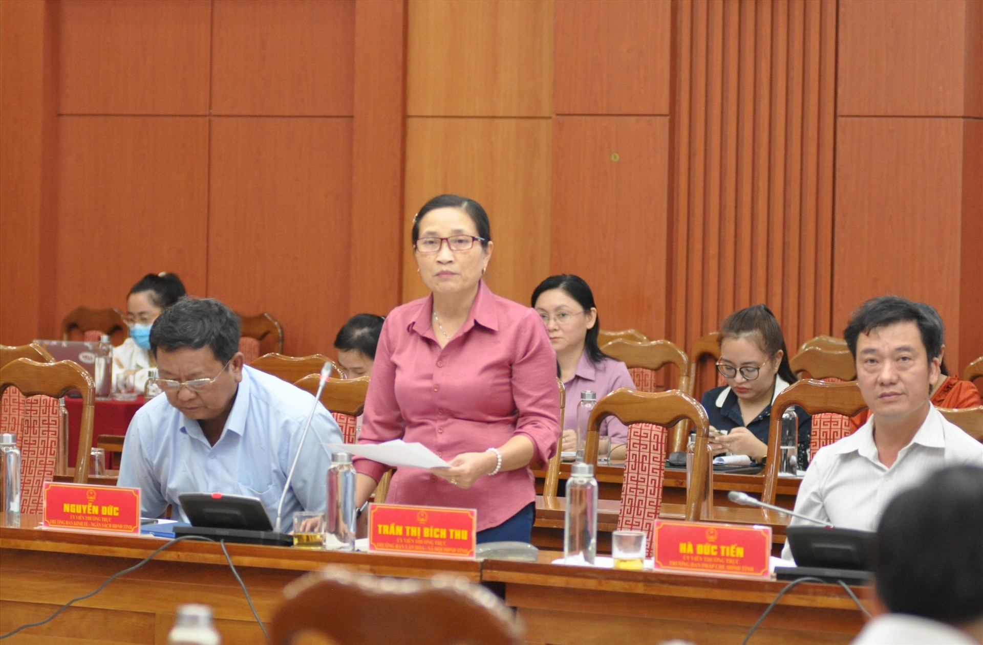 Bà Trần Thị Bích Thu- Trưởng ban Văn hóa xã hội HĐND tỉnh phát biểu tại phiên họp. Ảnh: X.P