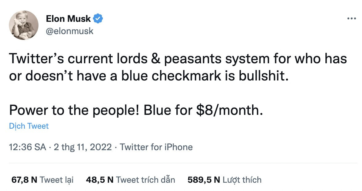Bài đăng của Elon Musk trên Twitter.