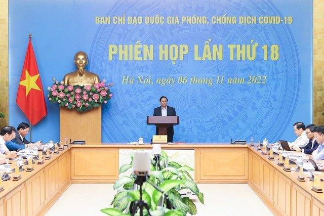 Thủ tướng Chính phủ Phạm Minh Chính, Trưởng Ban Chỉ đạo Quốc gia phòng, chống dịch COVID-19 chủ trì phiên họp thứ 18 của Ban Chỉ đạo - Ảnh: VGP